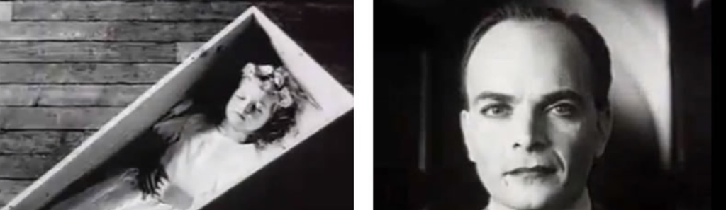 To filmruter. Bildet til venstre viser et barn i en kiste, til høyre er det et nærbilde av en mann. Fotomontasje.
