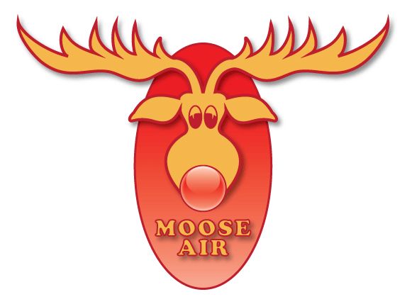 Logo for MooseAir, hodet til en gul elg med stort gevir og rød nese, inne i en rød oval. Illustrasjon.