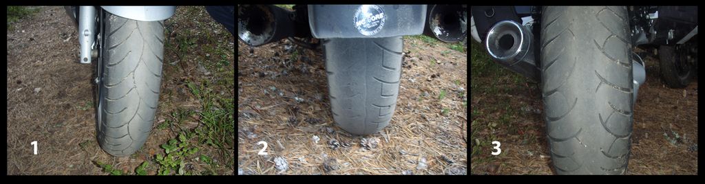 Et forhjul og to bakhjul på motorsykkel. Foto.