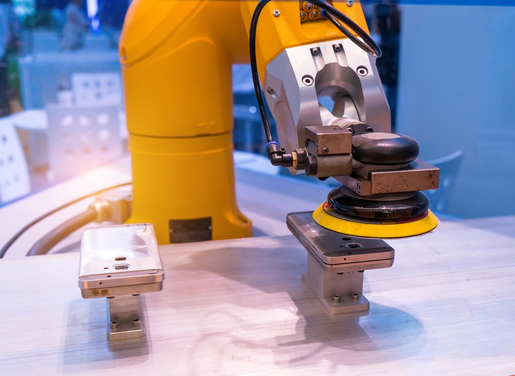 Industriell robot med påmontert slipeskive som polerer en mobiltelefon. Foto