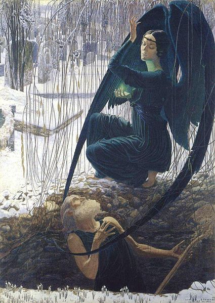 Ein mann jobbar med å grave ei grav i jorda. Over han står ein engel i svart og fangar han inn med dei svarte vengjene sine. Måleri.