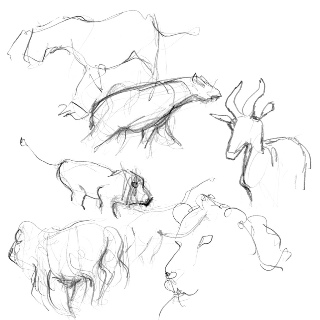 Raske skisser av ulike dyr. Illustrasjon.