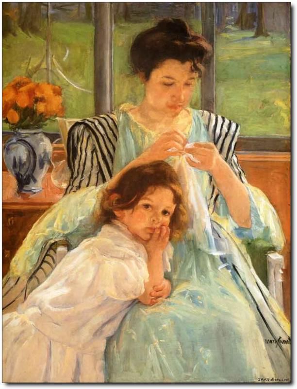 Painting: A young child is looking towards the viewer. A woman is sewing. Behind them is a vase of flowers and a window. 