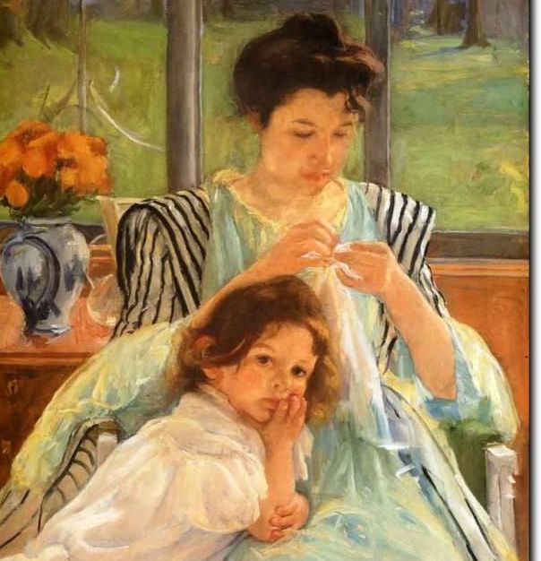 Painting: A young child is looking towards the viewer. A woman is sewing. Behind them is a vase of flowers and a window.
