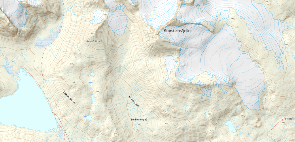 Kartutsnitt frå eit topografisk kart. Kartet viser høgdekotar i området rundt Storsteinsfjellet. Illustrasjon.