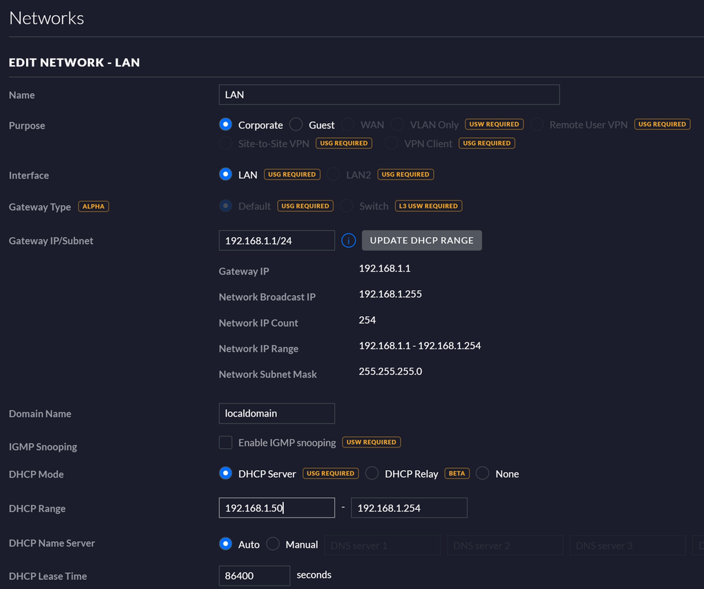 Vindu med tittelen «Edit Network – Lan». En lang liste med valg og konfigurasjonsmuligheter. Skrivemarkør er inne på det første feltet, som er merket «DHCP Range». Skjermbilde.