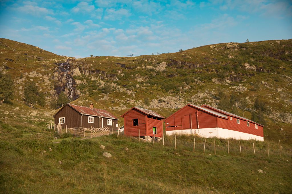 Ei seter med ei brun seterstue og et rødt fjøs. Det er også et lite, rødt hus. Det er et gjerde rundt tunet. Bak setra er det et fjell, og det renner en bekk ned fjellsida. Foto.