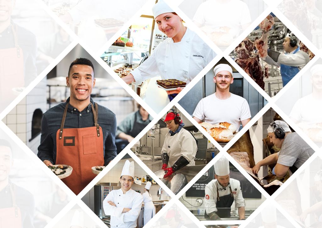 Bildekollasj av ulike fagområder i restaurant- og matfag, blant annet servitør, kokk, baker, slakter, kjøttskjærer, ferskvarehandler og konditor. Foto.