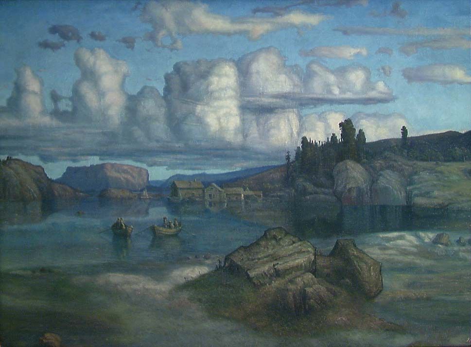 Blått vestlandslandskap, fjord, hus og robåt. Måleri.