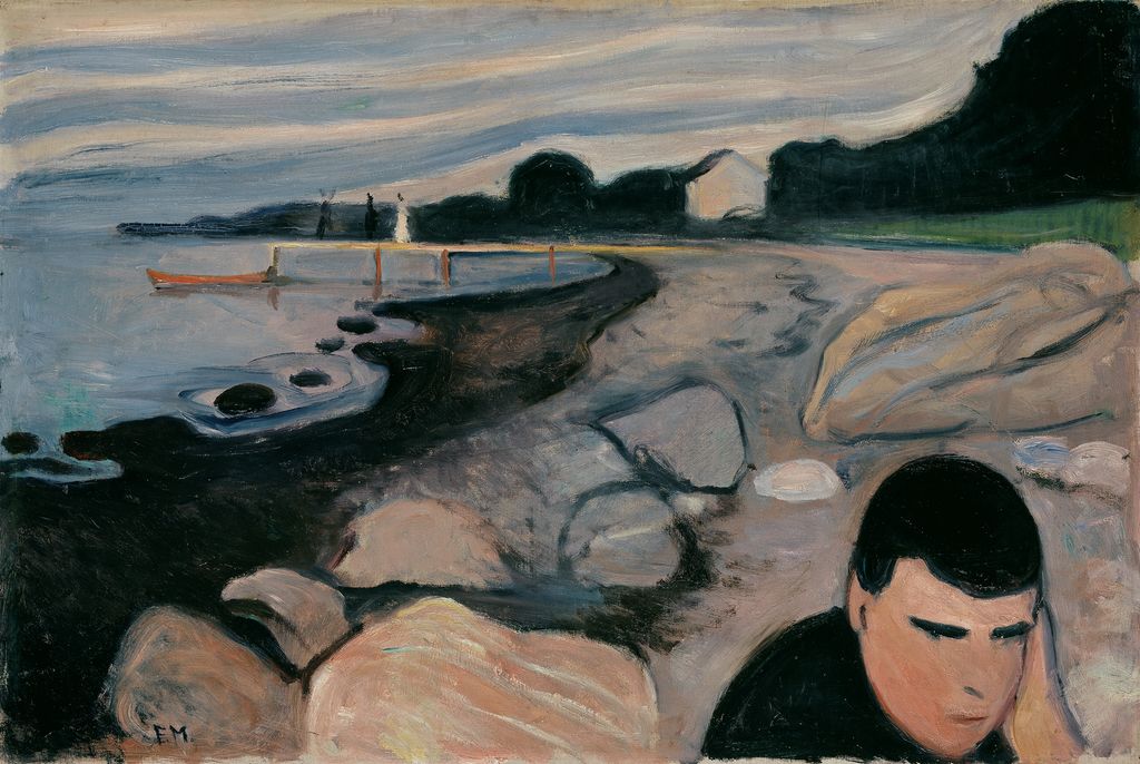 Grublende mann med ryggen til et landskap med ei strand. Maleri.