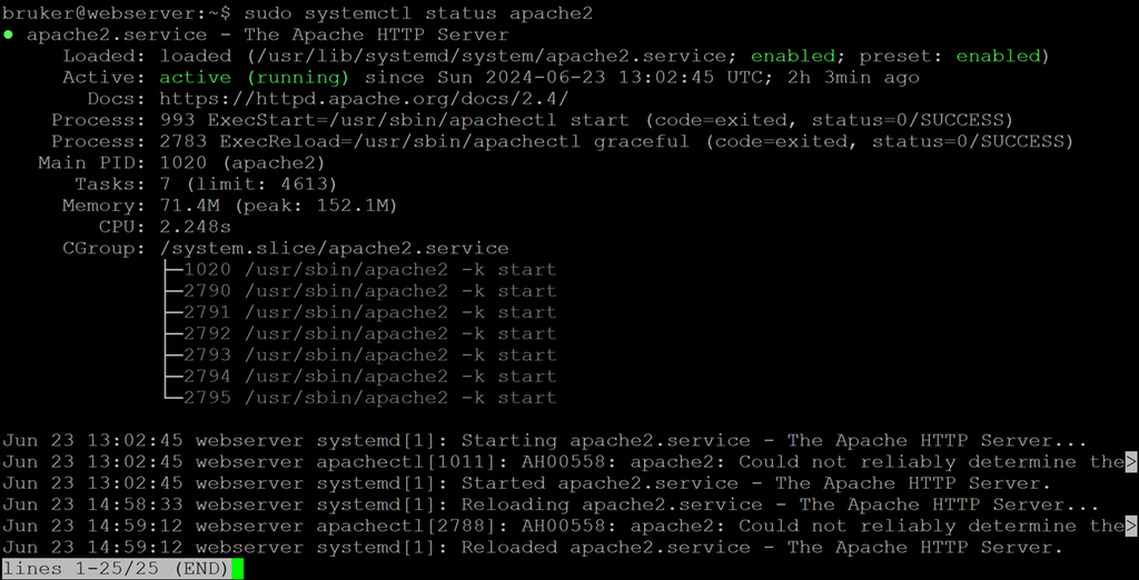 Statusrapport for Apache2 som viser at prosessen er aktiv. Nederst står det "lines 1-15/15 (end)". Skjermbilde.