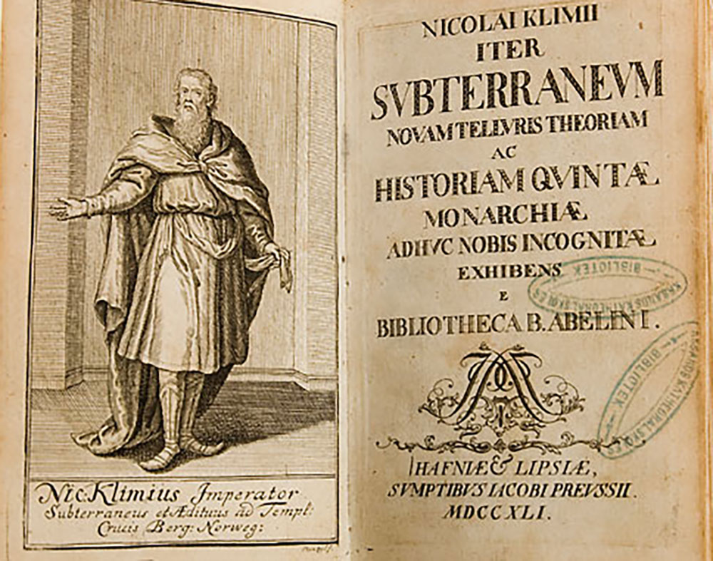 Tittelbladene til romanen Niels Klims underjordiske reise. Faksimile.
