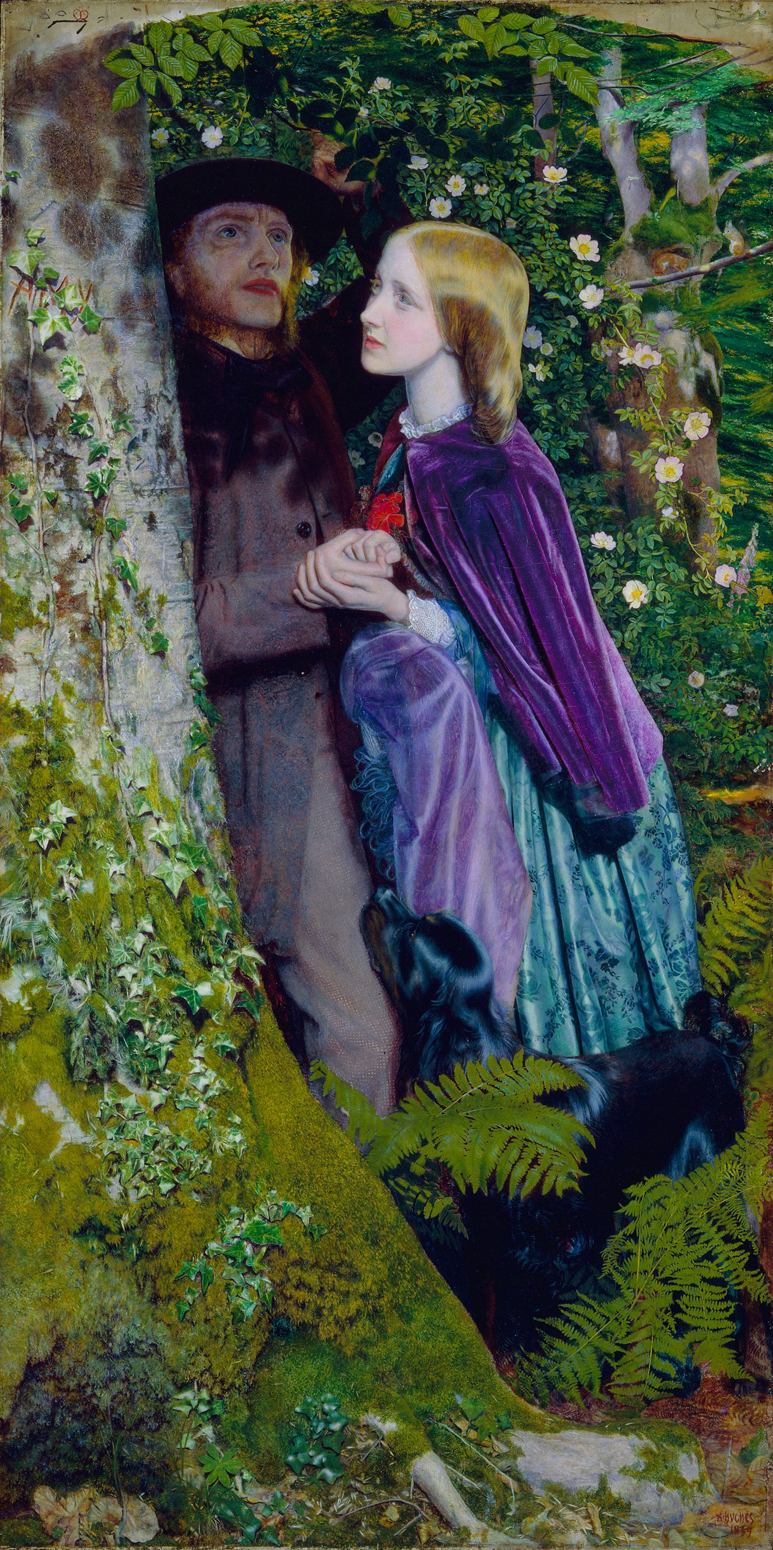 Painting: A man and a woman are standing close together, holding hands. Their clothes reveal it is the 1800s. They are in a wood. They look towards each other, but not at each other. 