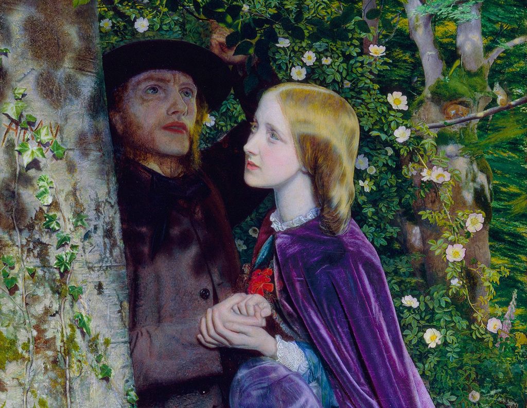 Painting: A man and a woman are standing close together, holding hands. Their clothes reveal that it is the 1800s. They are in a wood. They look towards each other, but not at each other.