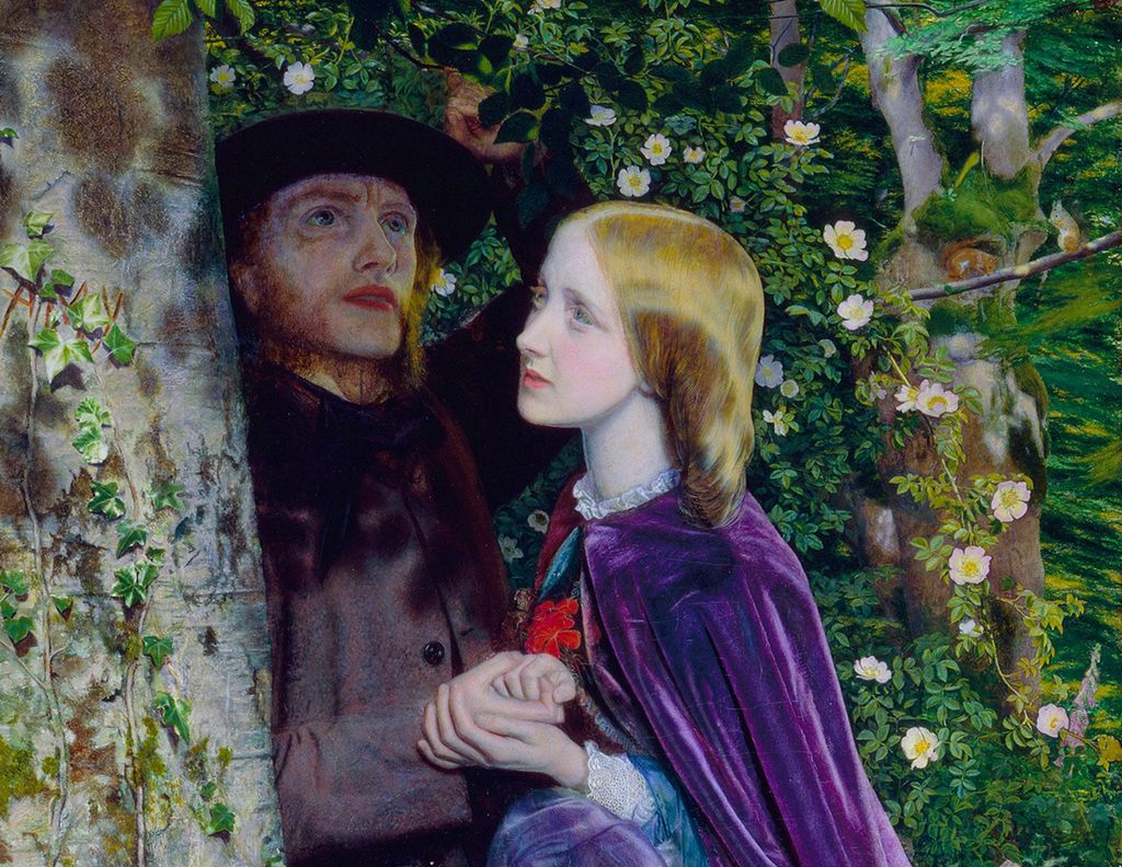 Painting: A man and a woman are standing close together, holding hands. Their clothes reveal it is the 1800s. They are in a wood. They look towards each other, but not at each other.