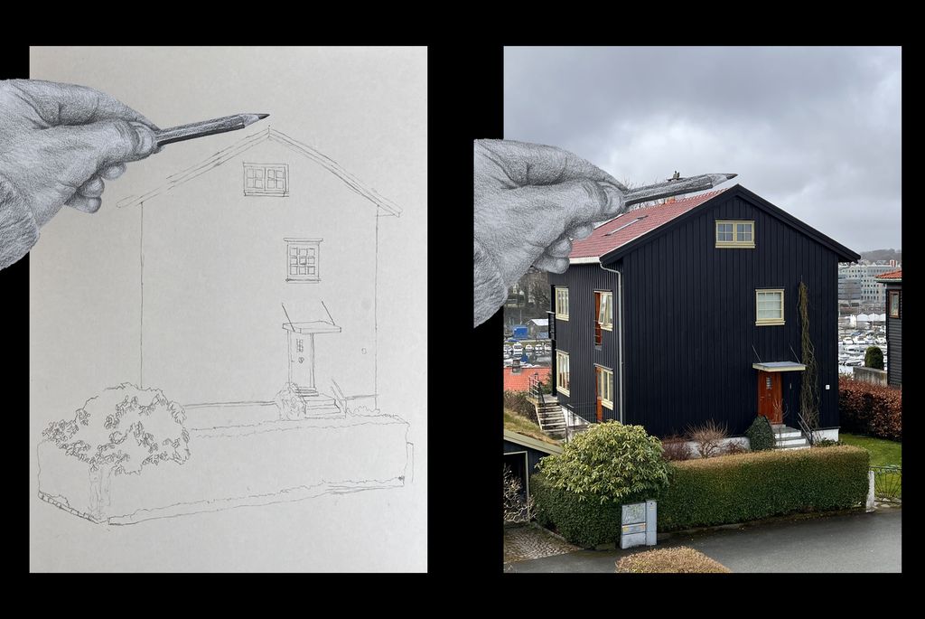 Tegning og foto av hus side om side. Ei hånd holder en blyant for å måle vinkelen på husets møne. Illustrasjon.