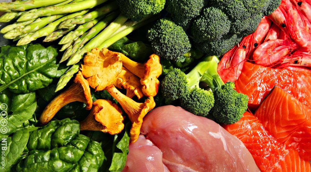 Fargerike råvarer som brokkoli, asparges, spinat, kantarellar, reker, laks og kyllingfilet. Foto.