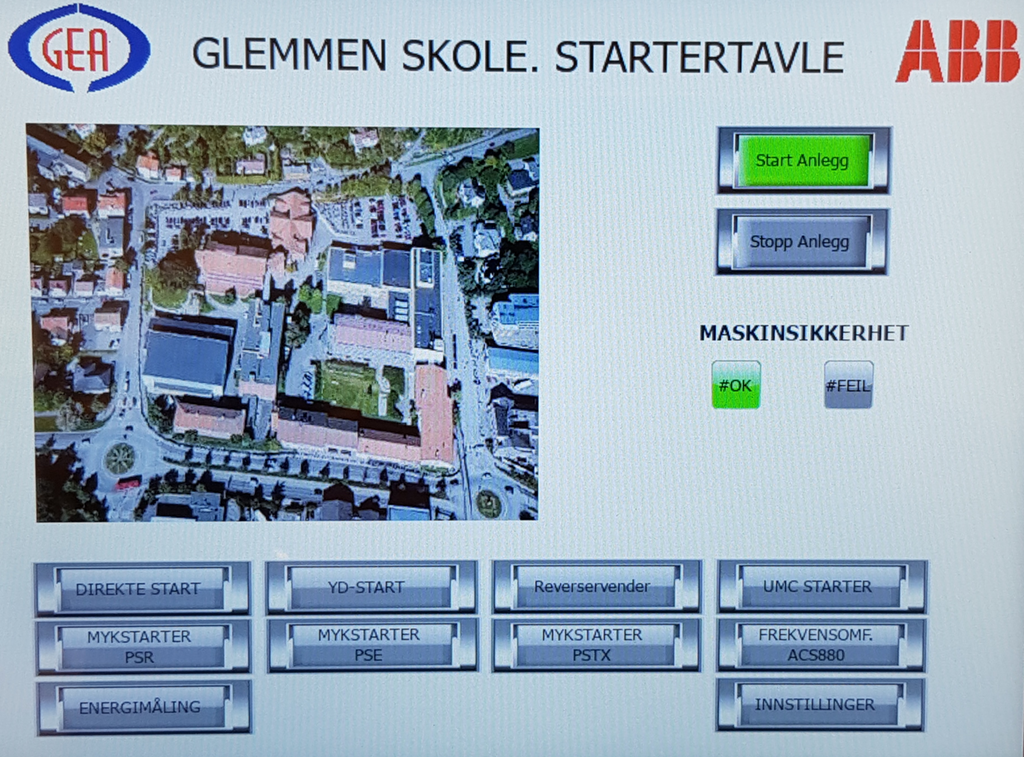 Biletet viser ein berøringsskjerm som inneheld trykknappar for dei forskjellige startalternativa for ein asynkronmotor. Foto.
