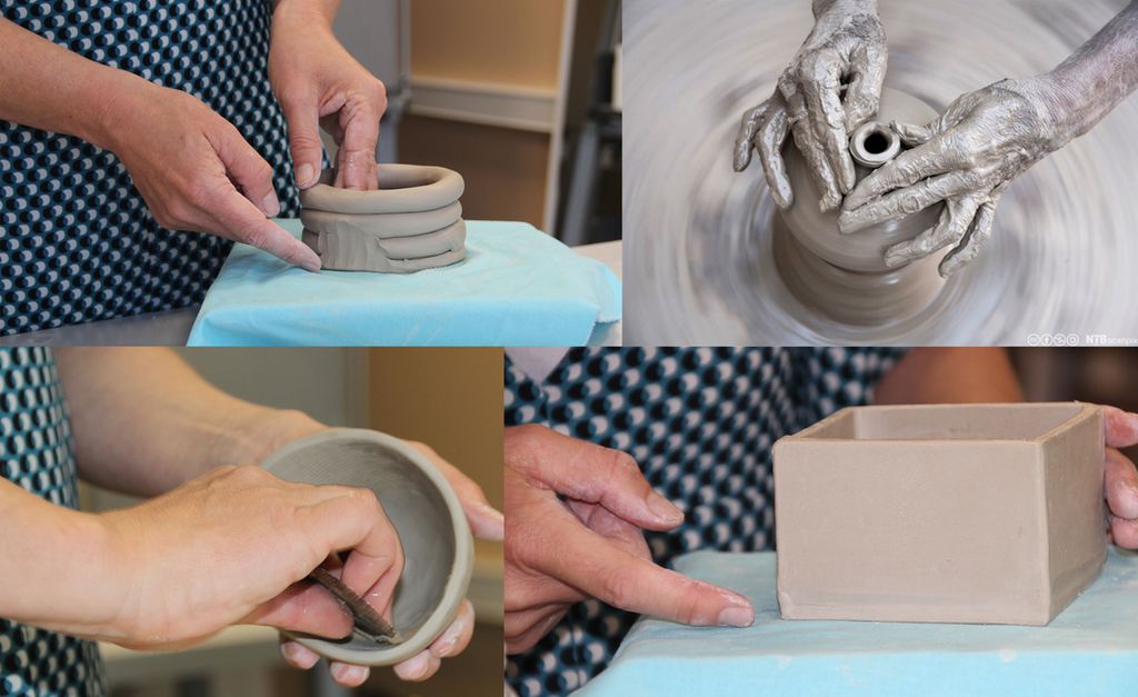 Kollasj med fire bilder: Hender lager ei krukke av leire, en form bygges opp ved hjelp av pølseteknikk, forming av en knipebolle i leire og et skrin i leire laget med plateteknikk. Foto.