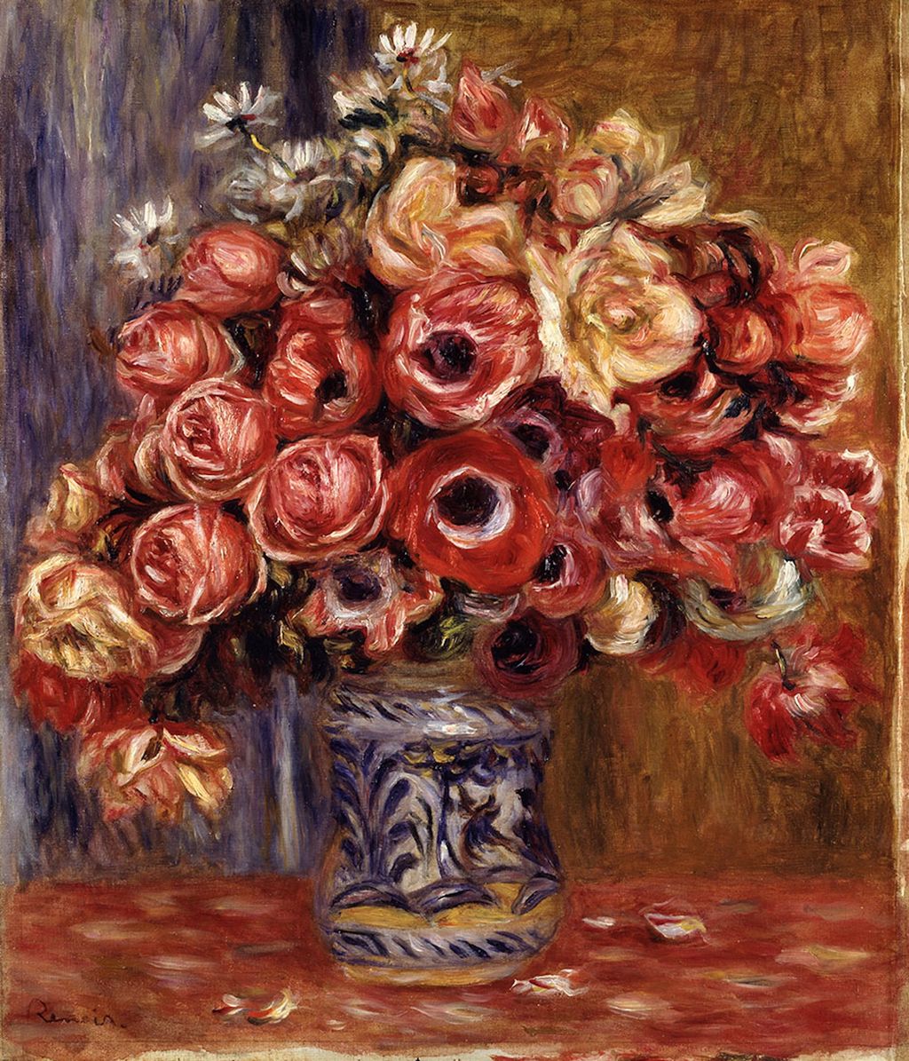Oljemaleri av roser og anemoner i en vase. Foto.