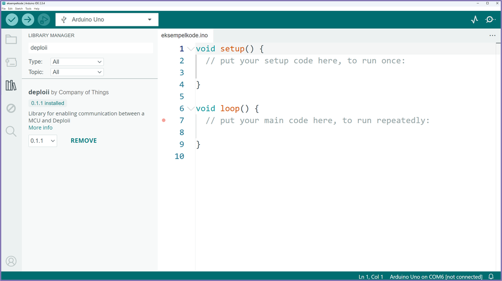 Skjermbilde fra programvaren Arduino IDE som viser at biblioteket deploii er henta inn i programmet. Skjermutklipp.