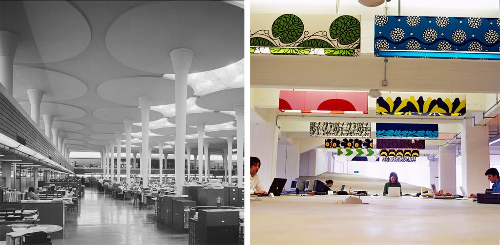 To fotografier av arbeidsplasser i tidlig og sen modernisme. Kollasj.