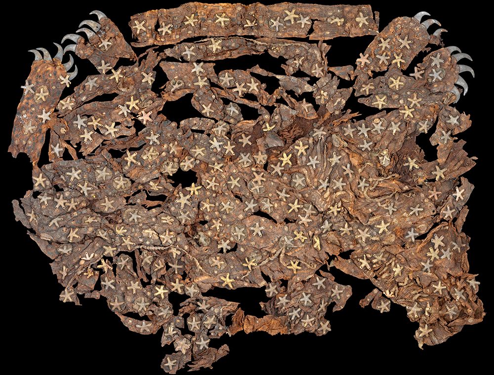 Fragment av en egyptisk prestekappe med spisse stjerner av gull sydd på. Foto.