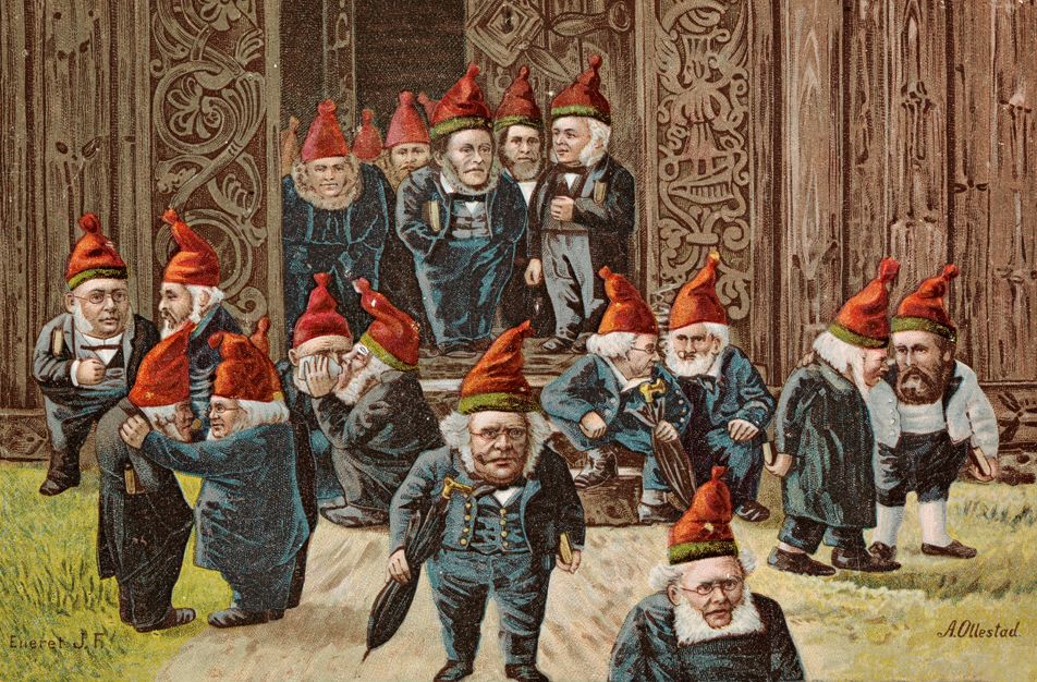 Ivar Aasen og andre kjendiser og politikere anno 1895. Maleri.