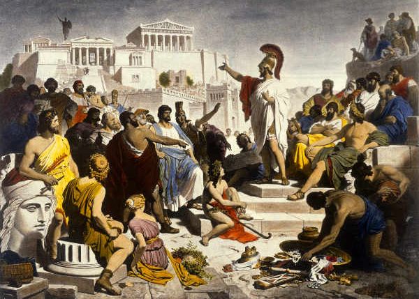 Greske talere står på et torg foran Akropolis. Maleri.