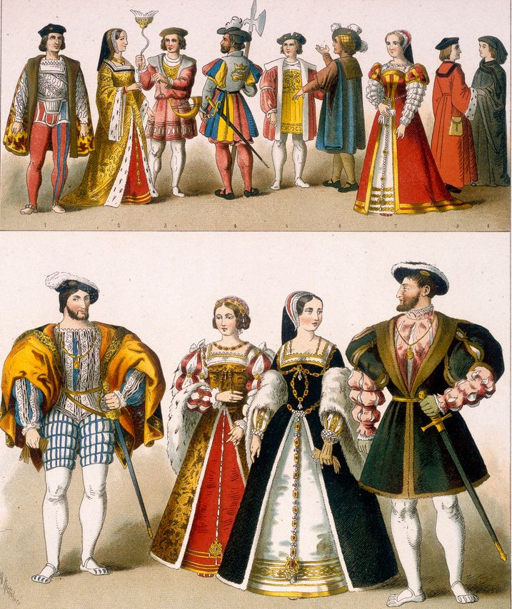 Menn og kvinner i store klesdrakter fra renessansen. Mennene har også sverd. Illustrasjon.