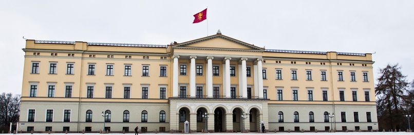 Et lysegult og grått slott i klassisistisk stil. Det har seks hvite søyler som går opp fra slottsbalkongen. Foto.