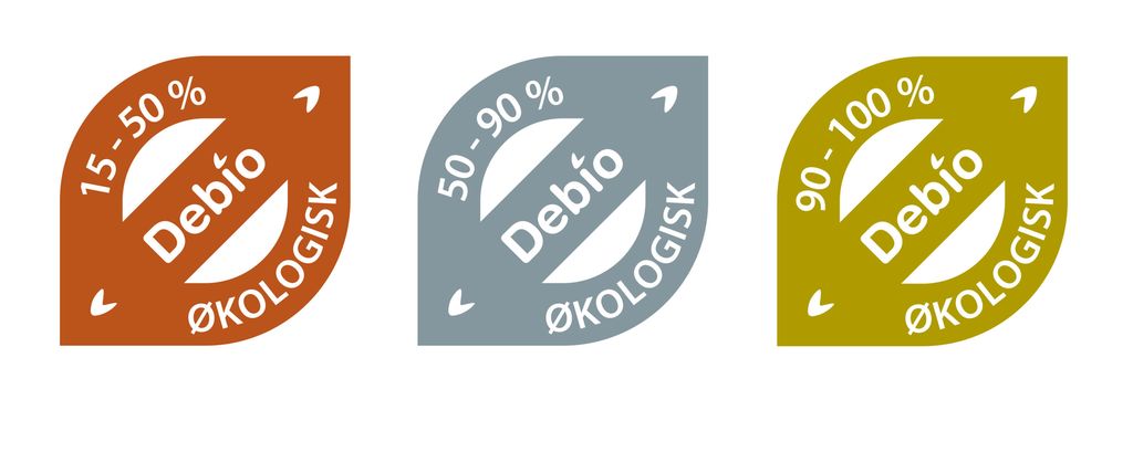 Dei tre serveringsmerka til Debio. Eit raudbrunt merke for serveringsstader som serverer 15–50 prosent økologisk mat, eit grått merke for dei som serverer 50–90 prosent økologisk mat og eit grønt merke for dei som serverer 90–100 prosent økologisk mat. Foto.