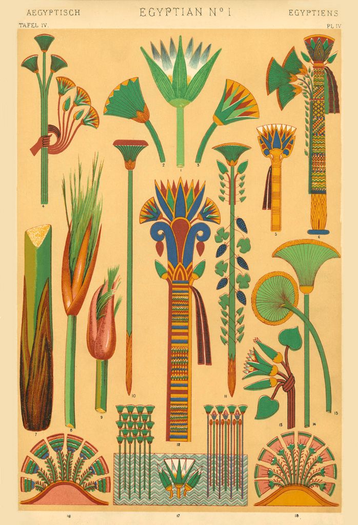 Fargerike stiliseringer av lotus og papyrus. Illustrasjon.