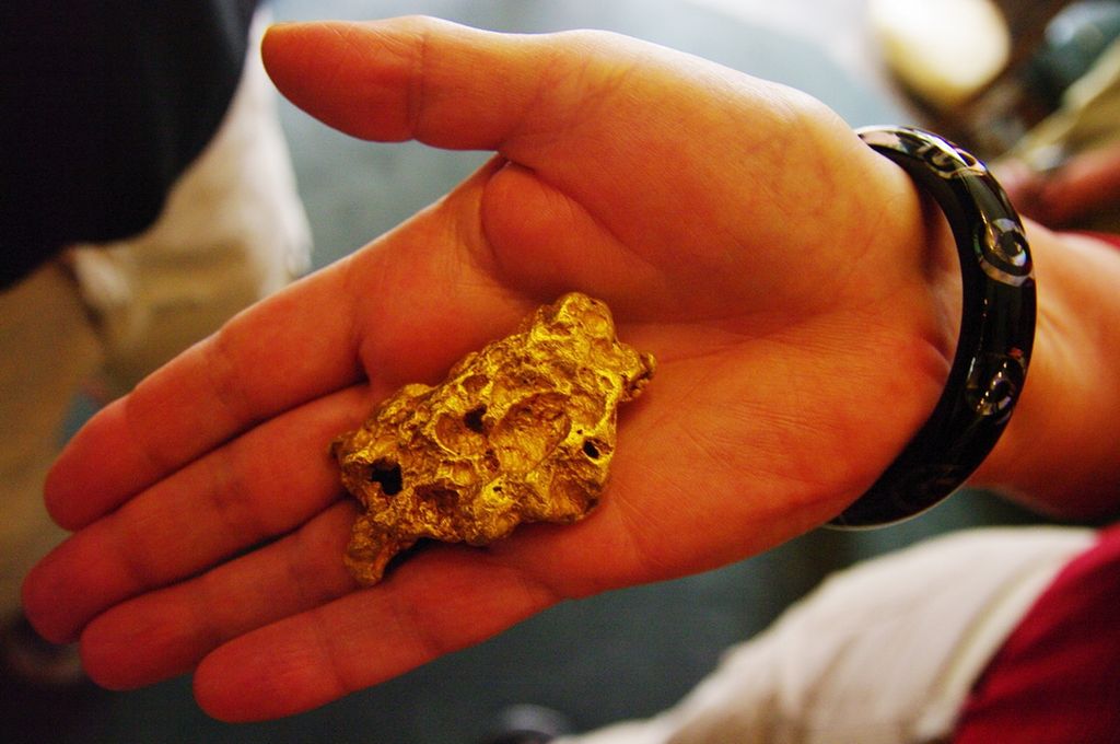 Gullklump i hånd. Foto.