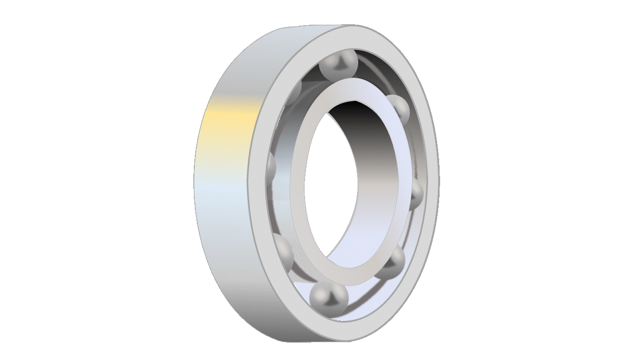 Animasjon av eit kulelager med gjennomsiktig hus.