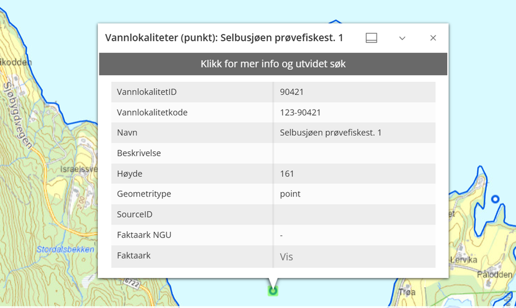 Interaktivt kart med en tabell som viser informasjon om undersøkelser gjort i en innsjø på en valgt lokalitet. Skjermutklipp.
