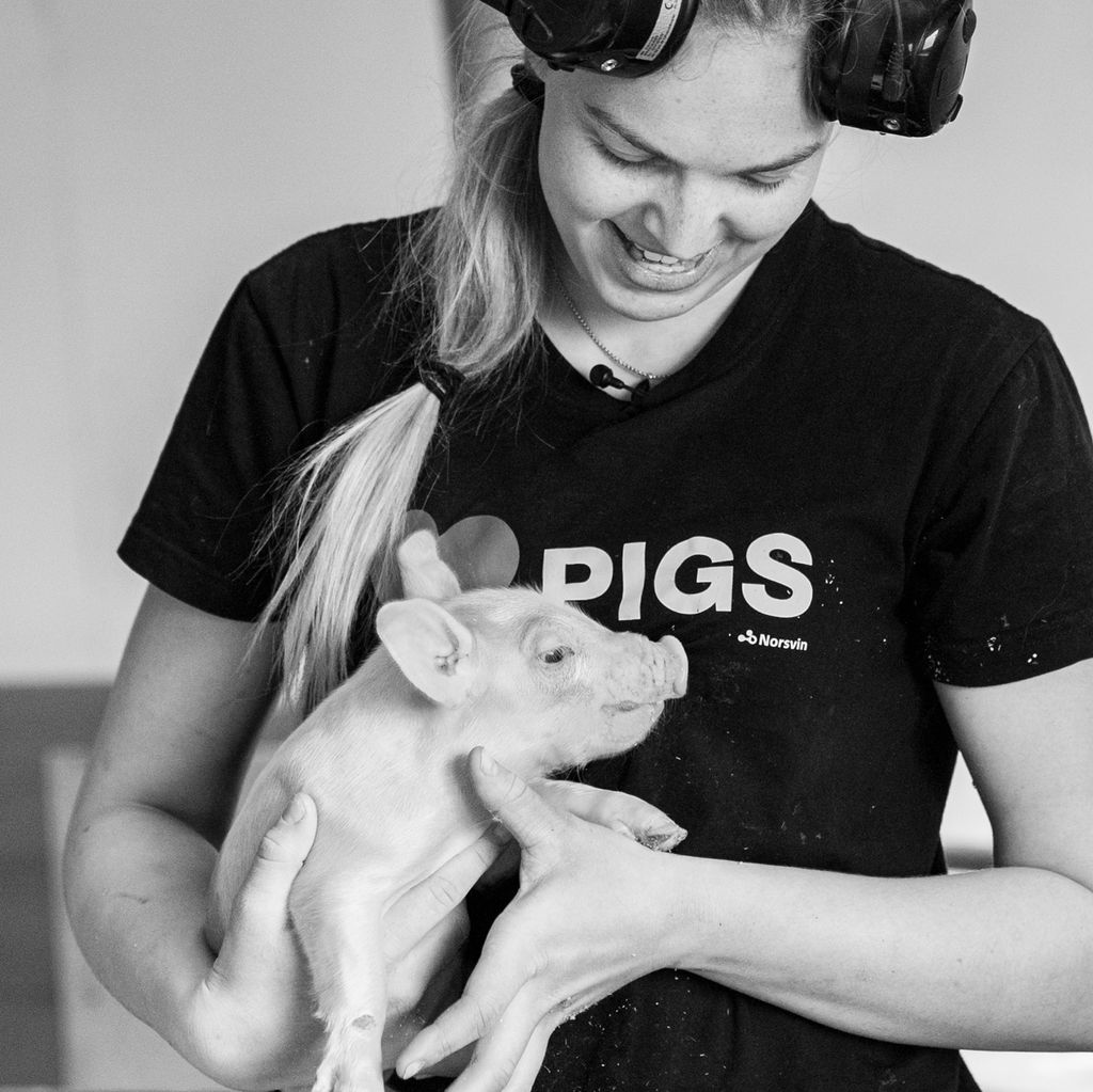 Ung kvinne holder en liten grisunge. Foto.