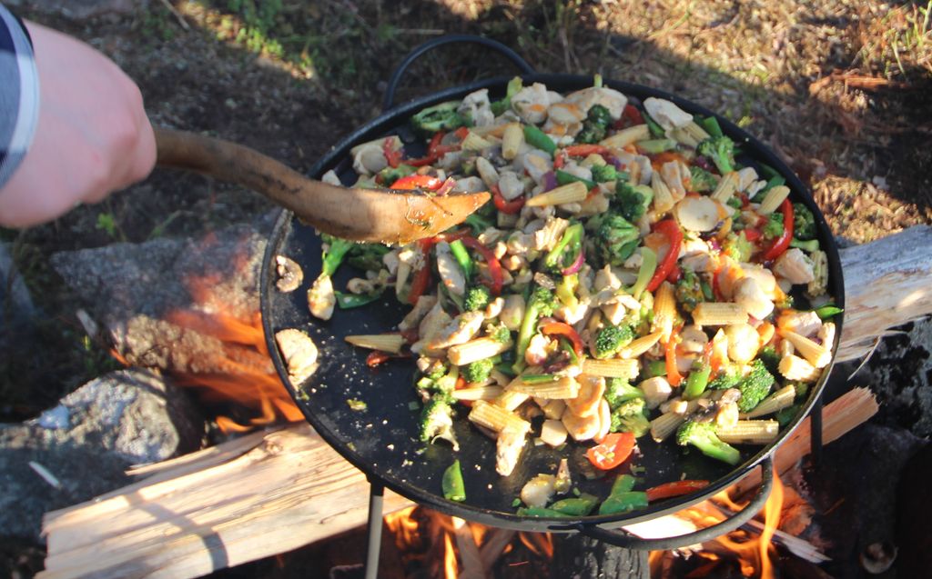 Ei panne med grønnsaker over et bål. Foto.