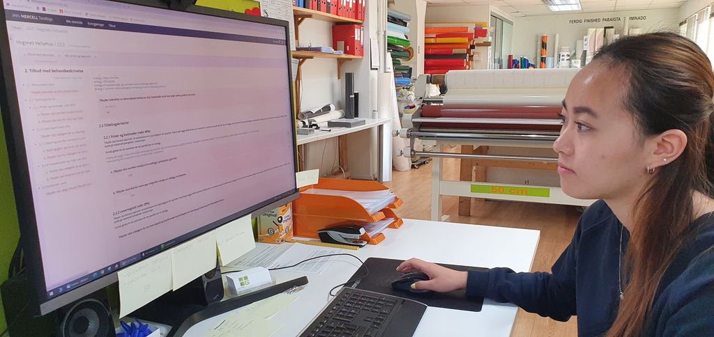 Ei jente jobber med en prosjektbeskrivelse på PC. Foto.