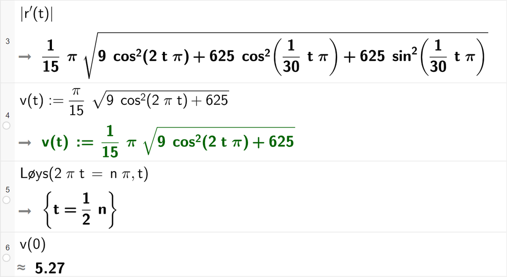 Skjermutklipp av CAS-vindauget i GeoGebra. På linje 3 er absoluttverdien av r derivert av t rekna ut. Resultatet er eit uttrykk med kvadratrot der GeoGebra ikkje klarer å forenkle det trigonometriske uttrykket. På linje 4 er v av t definert som pi delt på 15 multiplisert med rota av parentes 9 cosinus i andre til parentes 2 pi t parentes slutt pluss 625 parentes slutt. På linje 5 er kommandoen Løys skriven med argumenta 2 pi t er lik n pi og t. Svaret er t er lik ein halv n. På linje 6 er v av 0 rekna ut med tilnærming til 5,27. 