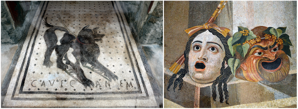 To bilder av ulike romerske mosaikker. Foto.