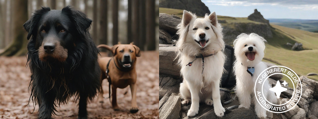 To fotorealistiske KI-bilder. Det første viser en stor svart hund og en liten brun hund. Det andre viser to hvite hunder av ganske lik størrelse. Kollasj med KI-fotoer.