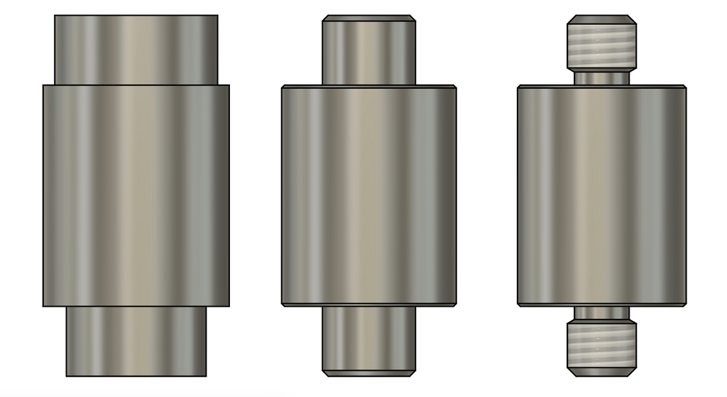 Tre sylindriske figurer av ulik størrelse som står ved siden av hverandre. Størst til venstre og minst til høyre. Illustrasjon.