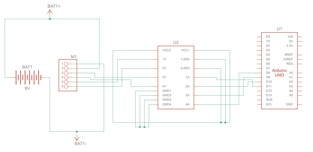Elektrisk koplingsskjema som viser komponentene Arduino, trinnmotor, IC-modul og et batteri. Komponentene er forbundet med linjer som symboliserer ledninger. Skjermbilde.