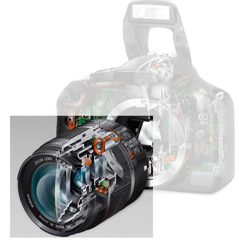 Delvis gjennomsiktig fotoapparat med objektiv. Foto.