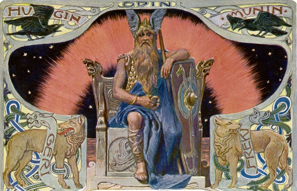 Odin på tronen omgitt av ravnene Hugin og Munin, og hundene Geri og Freki. Illustrasjon.