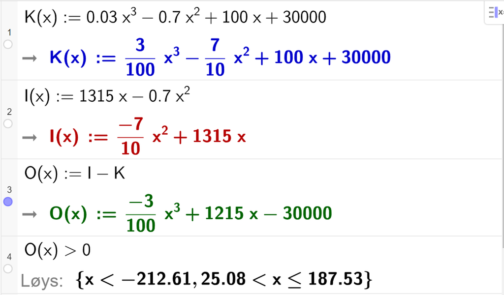 Skjermutklipp som viser CAS-utrekning med GeoGebra. På linjene 1 og 2 er kostnadsfunksjonen K av x og inntektsfunksjonen I av x frå oppgåva skriven inn. På linje 3 er funksjonen O av x kolon er lik I av x minus K av x skriven inn. På linje 4 er ulikskapen O av x større enn 0 skriven inn. Svaret med "Løys" er x mindre enn minus 212,61 eller 25,08 mindre enn x mindre enn eller lik 187,53. 