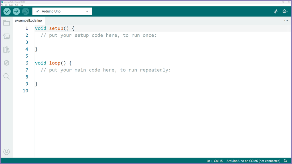 Skjermbilde av en programkode i Arduino IDE. Det er en tom plass hvor man kan skrive inn kode. Skjermutklipp.