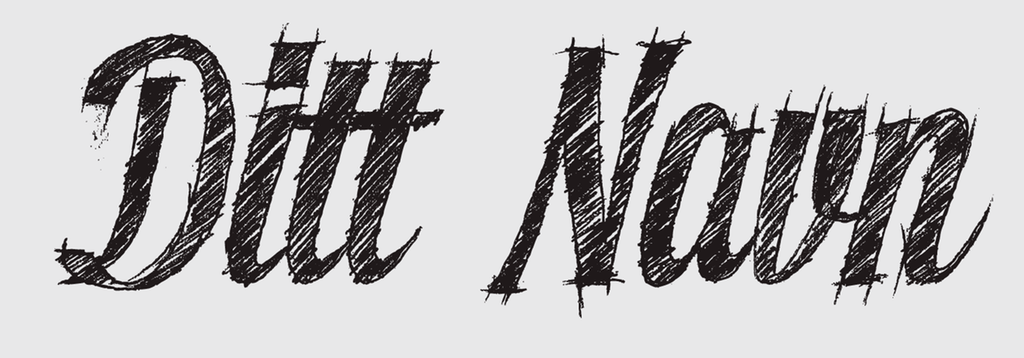 Skisse av orda "ditt navn". Fonten er en type imitert handskrift, og orda er tegna med blyantstrek. Illustrasjon.