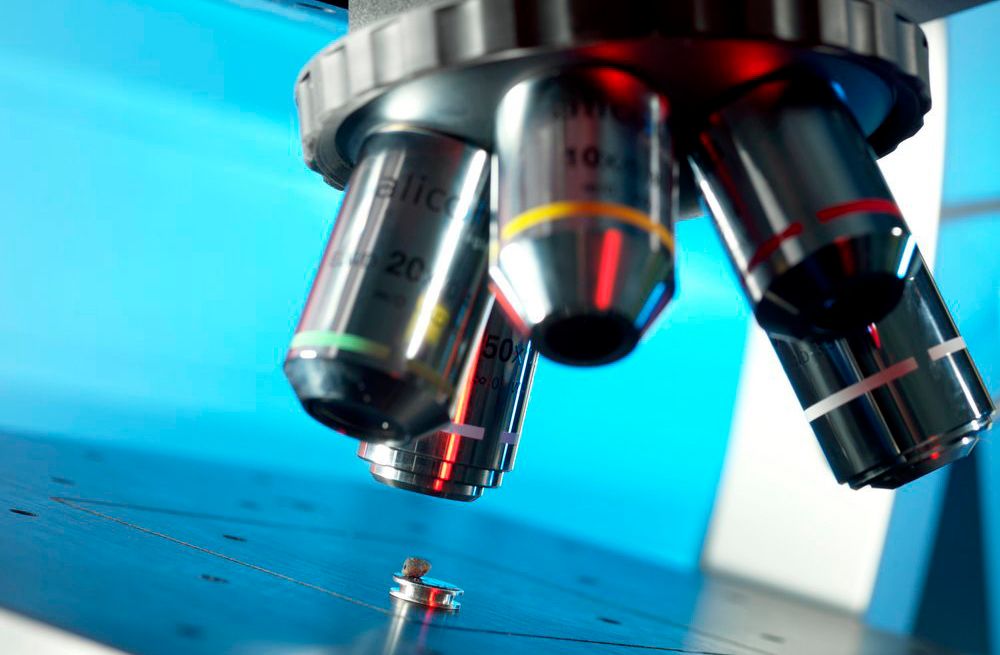 Mikroskop med fire objektiv. Foto.